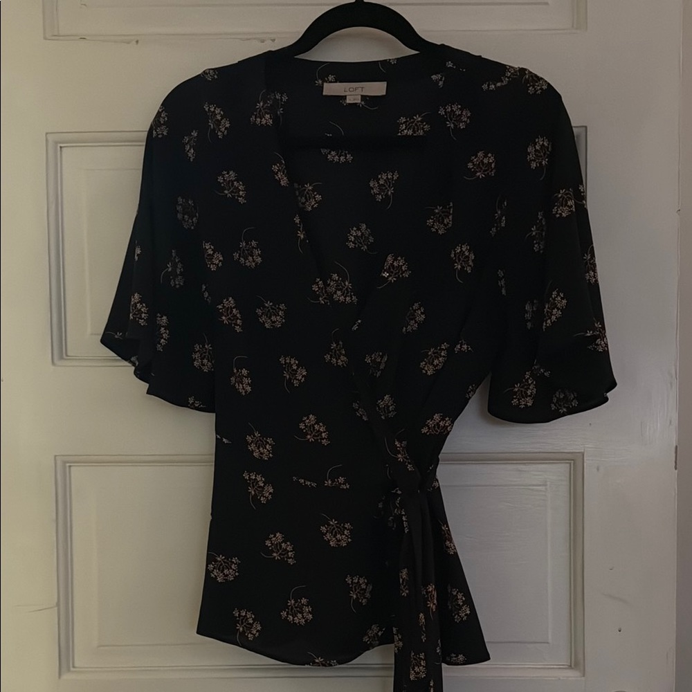 Loft Black Floral Wrap Top